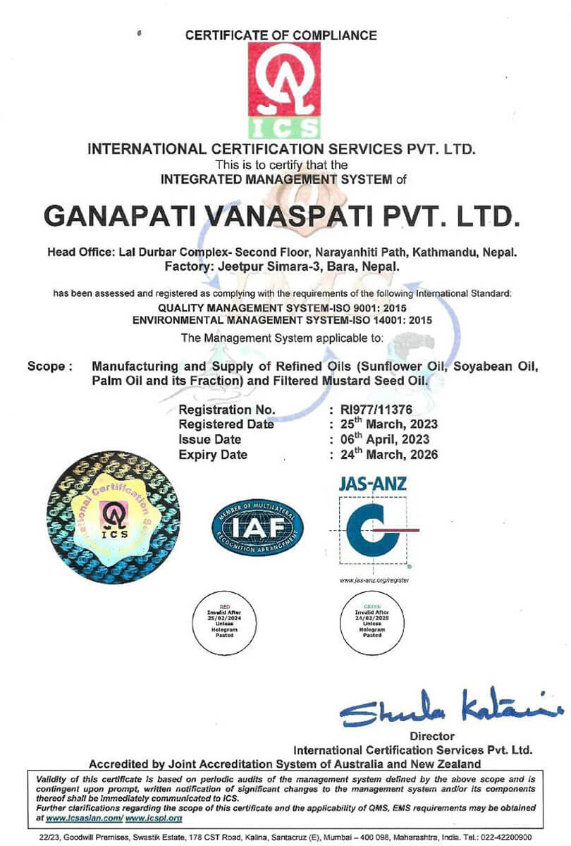 International Certification Services: Certificate of Compliance